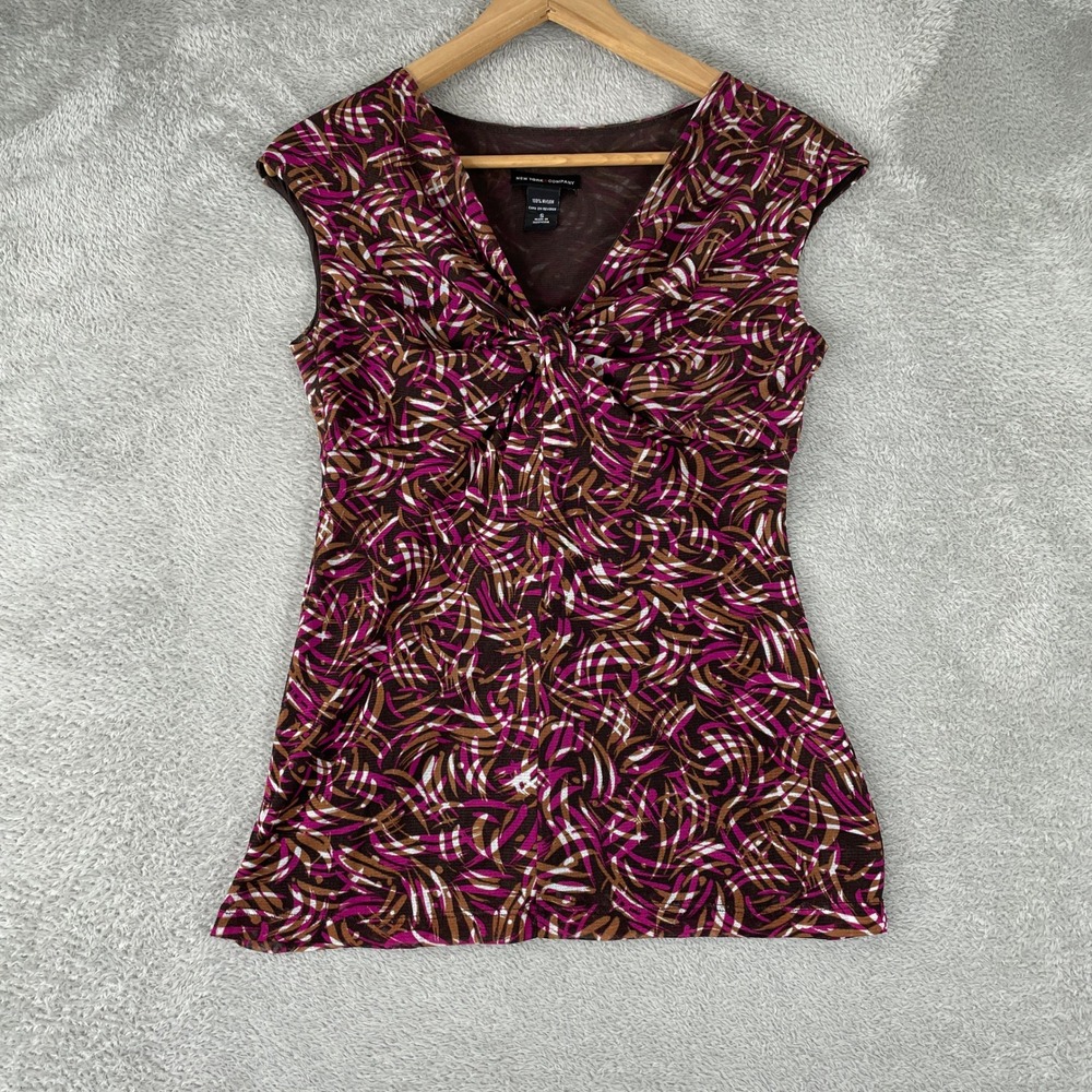 New York & Company Top Womens Small Brown Purple Abstract Mesh Knit Y2K Blouse